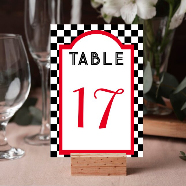 Tarjeta De Mesa tablero de ajedrez Retro Diner Rojo Negro y Blanco (Retro Diner Checkerboard Red Black & White Table Number)