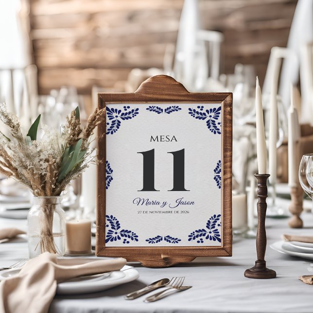 Tarjeta De Mesa Talavera Blue Floral Minimalist Spanish Wedding (Talavera Blue Floral Minimalist Spanish Wedding Table Number)