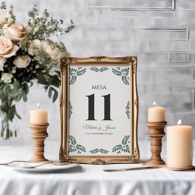 Tarjeta De Mesa Talavera Green Floral Minimalist Spanish Wedding (Talavera Green Floral Minimalist Spanish Wedding Table Number)