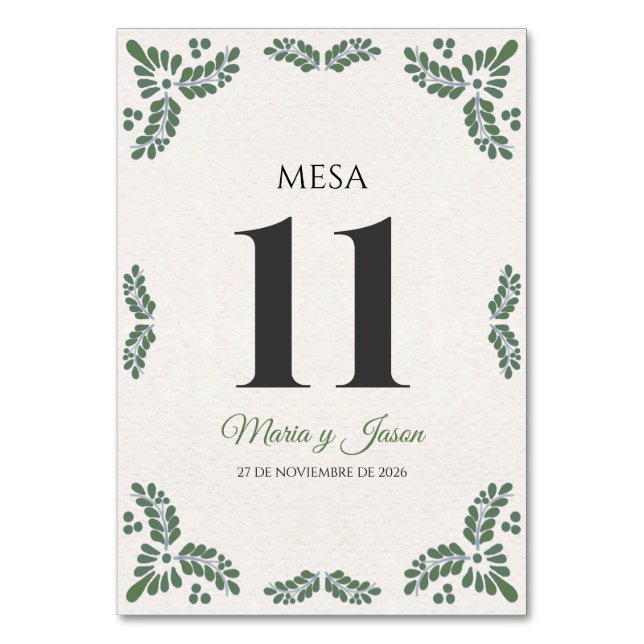 Tarjeta De Mesa Talavera Green Floral Minimalist Spanish Wedding (Anverso)