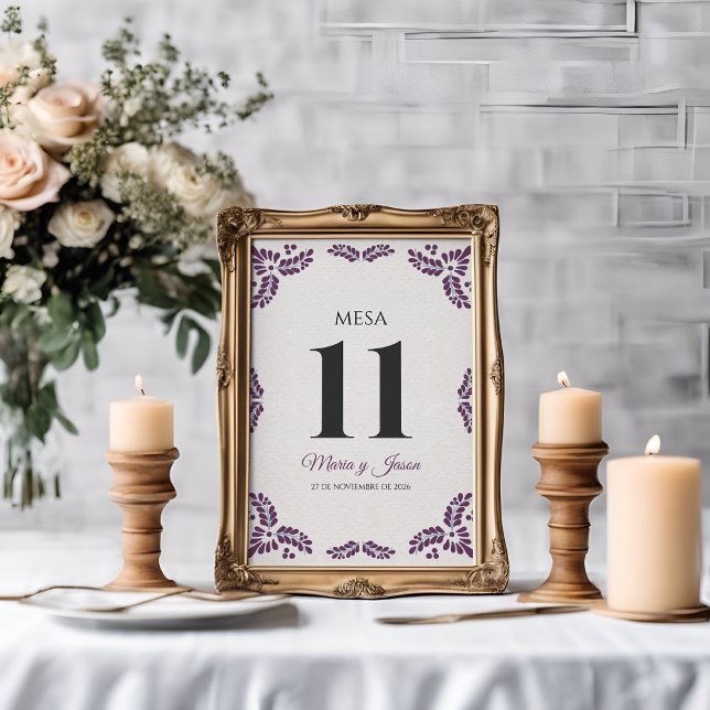 Tarjeta De Mesa Talavera Purple Floral Minimalist Spanish Wedding (Talavera Purple Floral Minimalist Spanish Wedding Table Number)