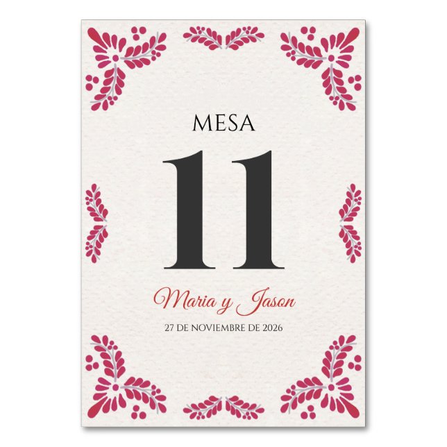 Tarjeta De Mesa Talavera Red Floral Minimalist Spanish Wedding (Anverso)