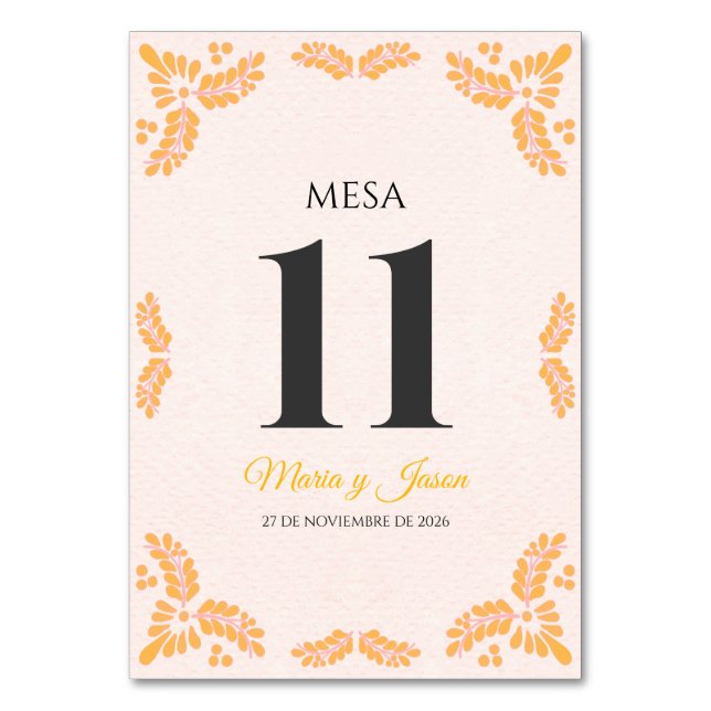 Tarjeta De Mesa Talavera Yellow Floral Minimalist Spanish Wedding (Anverso)