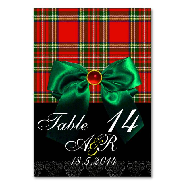 TARJETA DE MESA TARTÁN ROJO DE ESCOCIA CON MONOGRAMA VERDE BOW (Anverso)