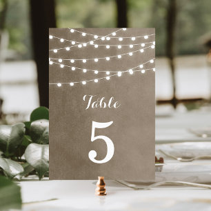 Tarjeta De Mesa Taupe String Luces números de tabla Boda