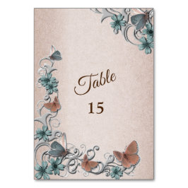 Tarjeta De Mesa Teal Silver Floral Copper Butterfly Tan Wedding