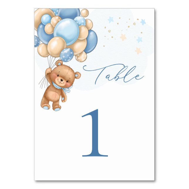 Tarjeta De Mesa Teddy Bear Blue Balloons Baby Shower (Anverso)