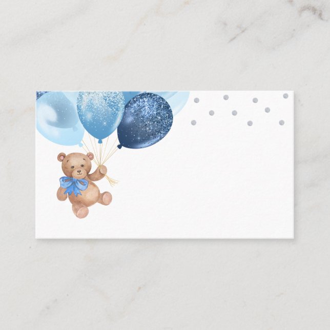 Tarjeta De Mesa Teddy Bear Blue Silver Globos Baby Shower (Anverso)