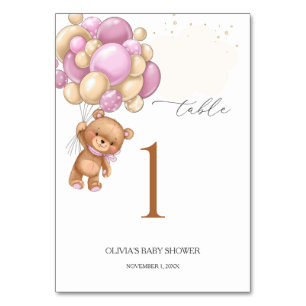 Tarjeta De Mesa Teddy Bear Globos rosados Número de tabla de Baby 