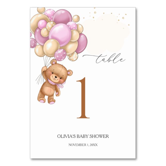 Tarjeta De Mesa Teddy Bear Globos rosados Número de tabla de Baby  (Anverso)