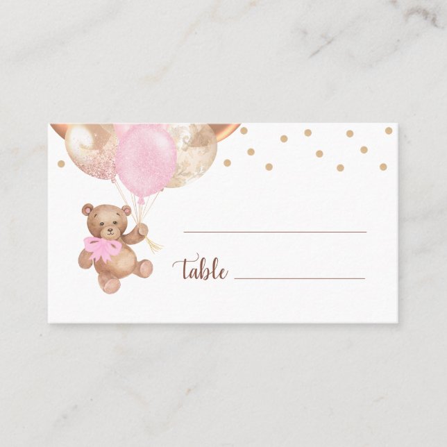 Tarjeta De Mesa Teddy Bear Rosa Globos de Oro Baby Shower (Anverso)