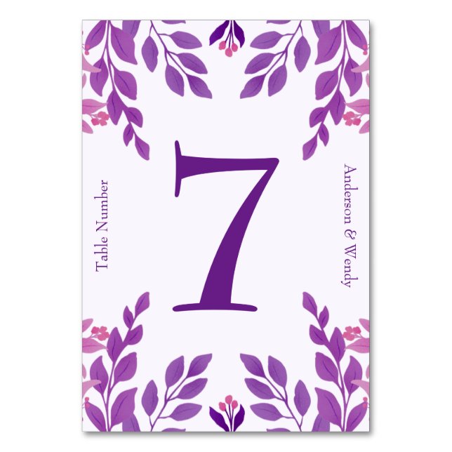 Tarjeta De Mesa Tema Boda de hojas moradas (Anverso)