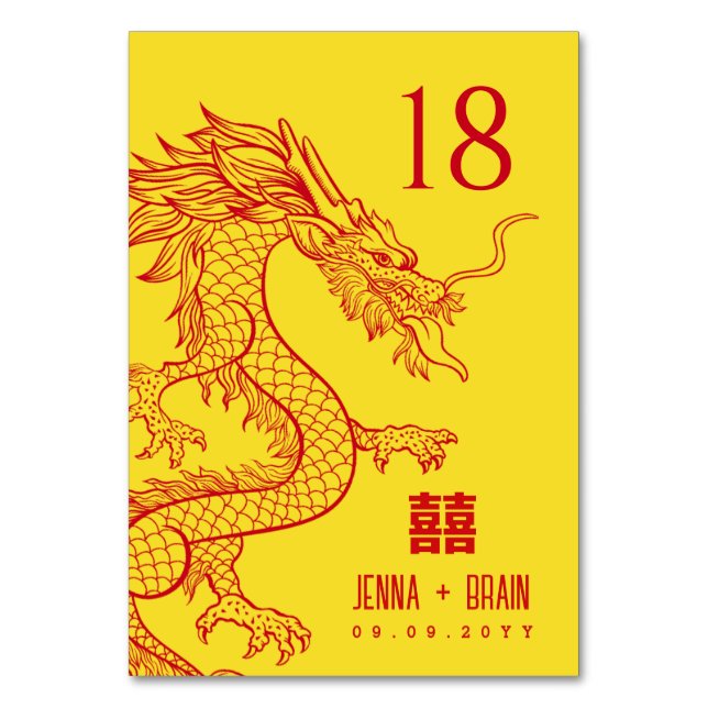 Tarjeta De Mesa Tema Dragon Doble Felicidad | Rojo sobre el oro (Anverso)