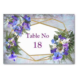 Tarjeta De Mesa Tema Geométrico de Oro y Flores de Jacaranda