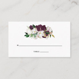 Tarjeta De Mesa Terciopelo de ciruela oscura y floral blanco