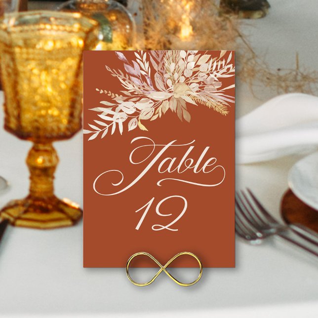 Tarjeta De Mesa Terraccotta Crema Foliage Botánico Número de Tabla (Wedding Table Number in terracotta and cream with elegant calligraphy and foliage)
