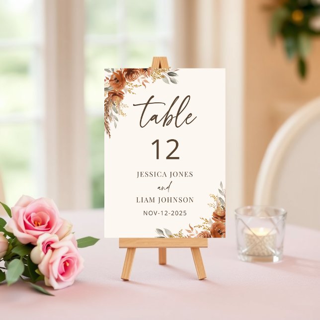 Tarjeta De Mesa Terracotta Boho Rústico Fall Boda Floral (Terracotta Boho Rustic Fall Floral Wedding Table Number)
