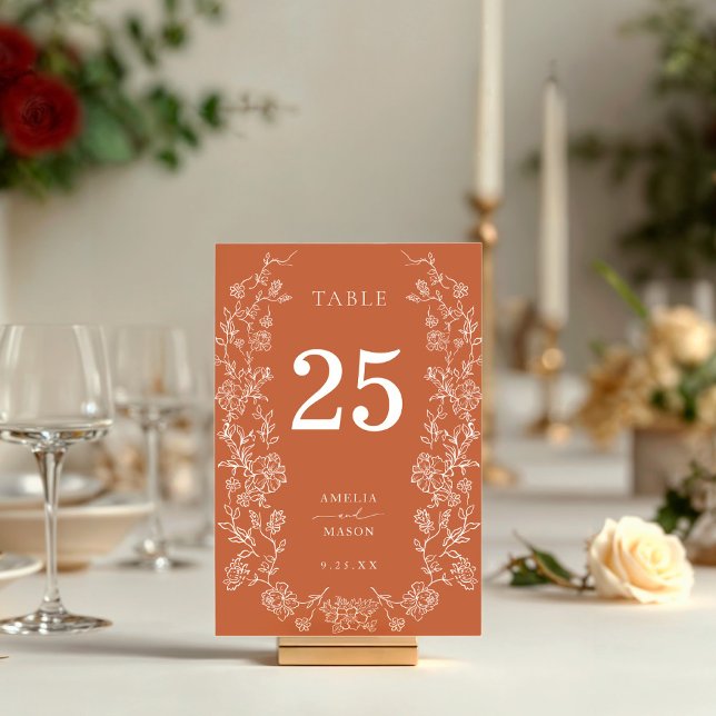 Tarjeta De Mesa Terracotta Fall Boda Floral (Terracotta autumn or fall vintage floral wedding table number)