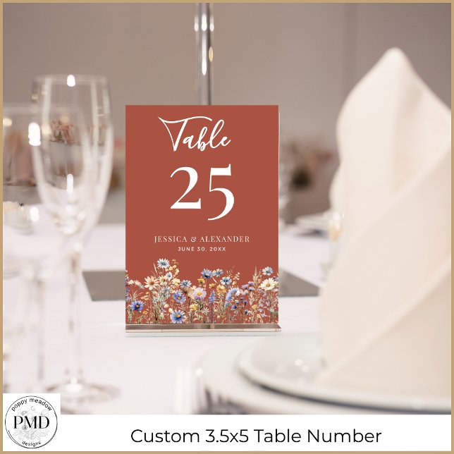 Tarjeta De Mesa Terracotta Wildflowers Elegante Boda de guiones (Terracotta Wildflowers Elegant Script 3.5x5 Wedding Table Number with Couple Names, Date.)