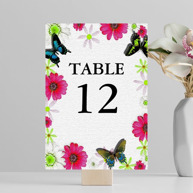 Tarjeta De Mesa Textura de mosaico con flores y mariposas boda (Mosaic Texture with Flowers & Butterflies Wedding Table Number)