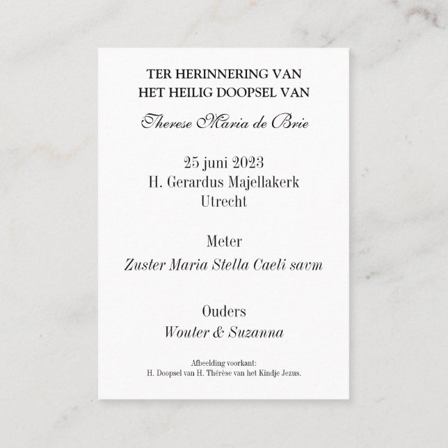 Tarjeta De Mesa Therese Maria Baptism (Reverso)