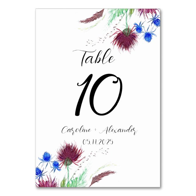 Tarjeta De Mesa Thistle Purple Floral Escocesa Boda ruso (Anverso)
