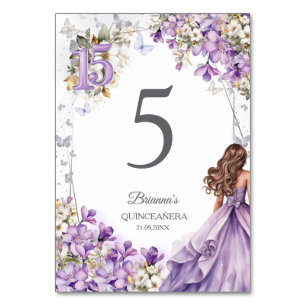 Tarjeta De Mesa Tiara de Mariposa de Plata y Lavanda para Quinceañ
