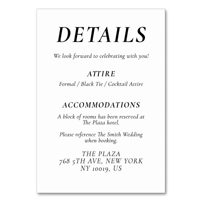 Tarjeta De Mesa Timeless Elegant White Wedding Detail Cards (Anverso)