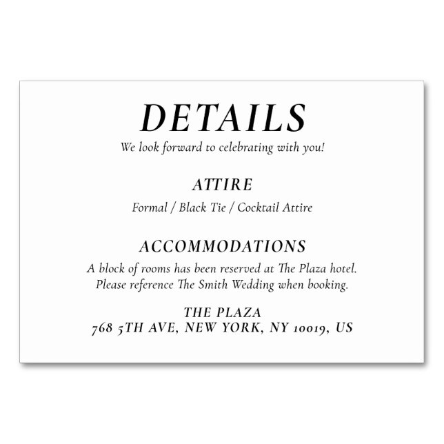 Tarjeta De Mesa Timeless White Elegant Wedding Detail Cards (Anverso)