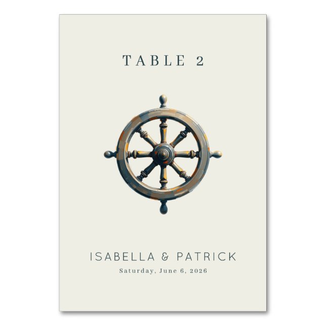 Tarjeta De Mesa Timón de Barco de Madera Gris Náutico (Anverso)