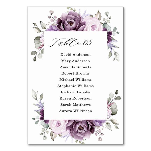 Tarjeta De Mesa Tonos de violeta morada agitada florece Boda morad (Anverso)