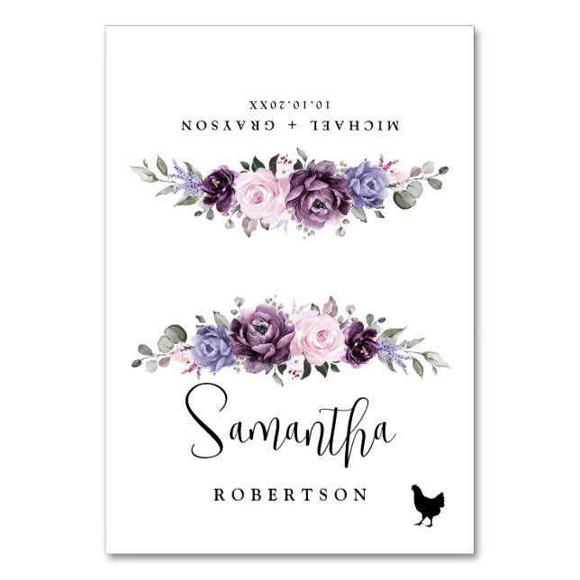 Tarjeta De Mesa Tonos de violeta morada agitada floreciente nombre (Anverso)