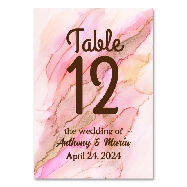 Tarjeta De Mesa Tonos rosados en nubes de tinta con oro (Anverso)