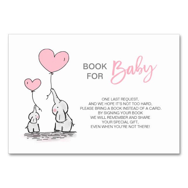 Tarjeta De Mesa Traer un libro - Baby Shower Chica elefante rosado (Anverso)