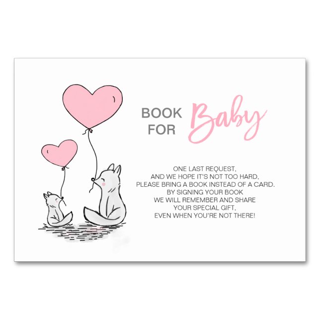 Tarjeta De Mesa Traer un libro - Baby Shower Chica Fox Pink (Anverso)