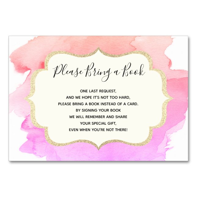 Tarjeta De Mesa Traer un libro - Baby Shower CHICA rosa acuarela (Anverso)