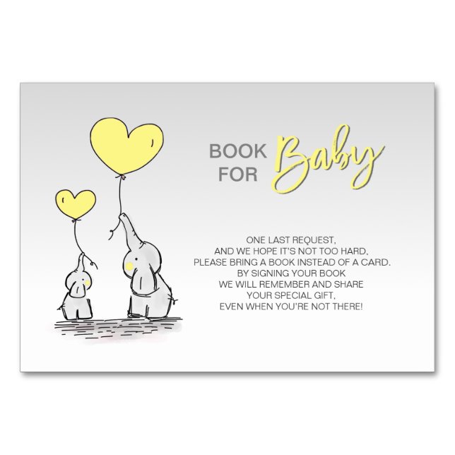 Tarjeta De Mesa Traer un libro - Baby Shower gris amarillo elefant (Anverso)