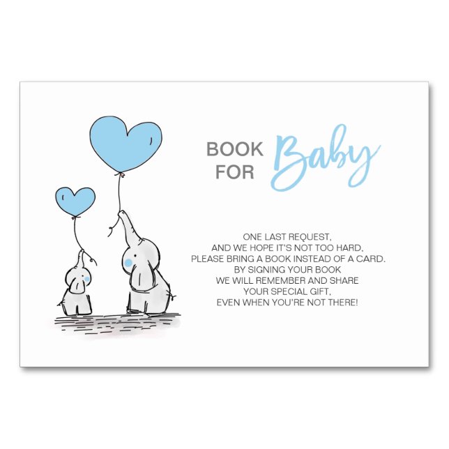 Tarjeta De Mesa Traer un libro - Elephant Blue BOY Baby Shower (Anverso)