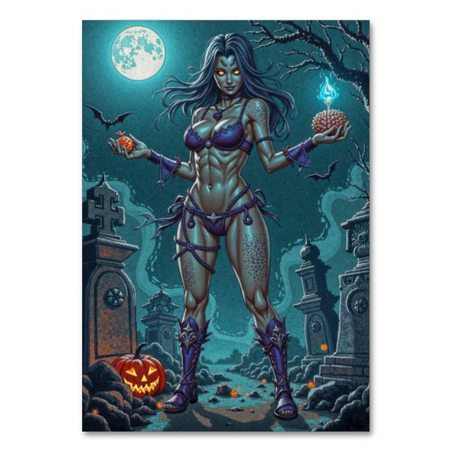 Tarjeta De Mesa Trato de Halloween o Novia Zombie con cerebros (Anverso)