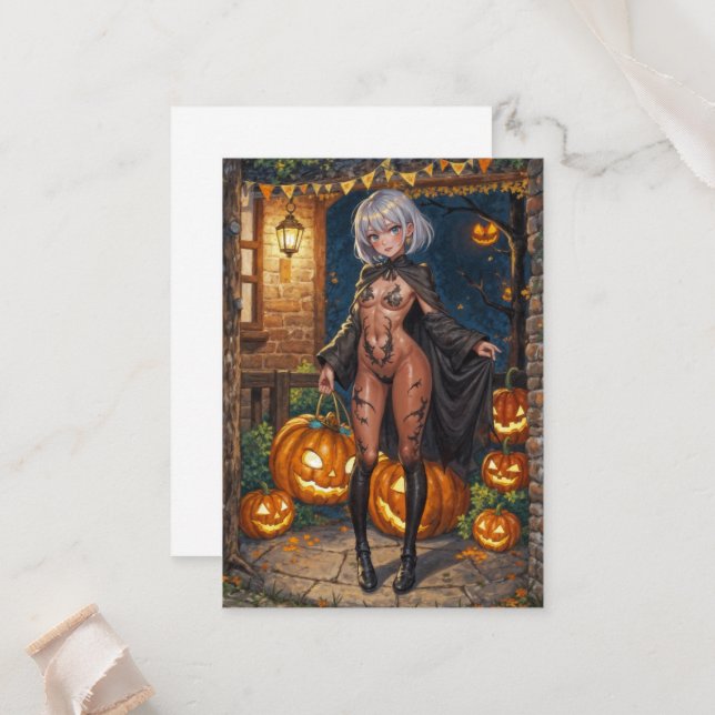 Tarjeta De Mesa Trick o Treater, valiente Chica de disfraces de Ha (Anverso/Reverso In Situ)