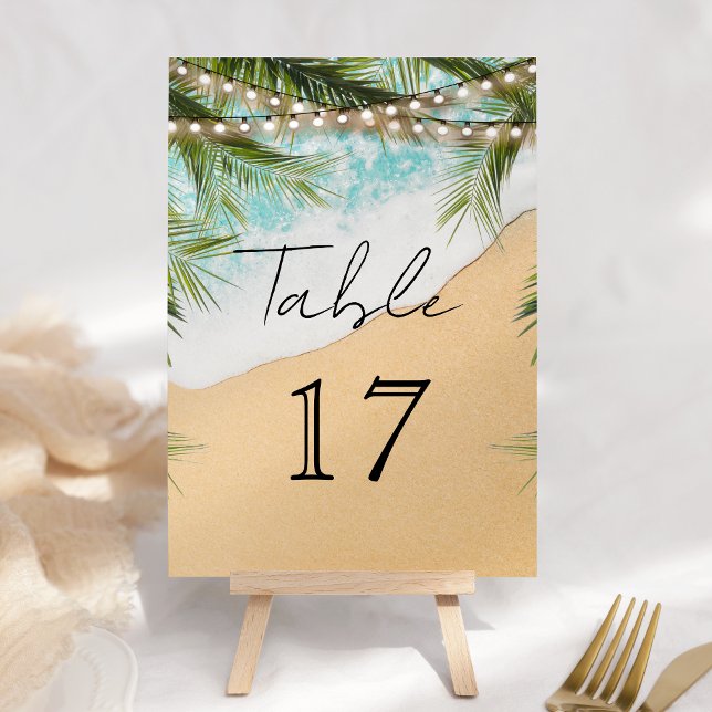 Tarjeta De Mesa Tropical Beach Palm String Lights Wedding (Subido por el creador)