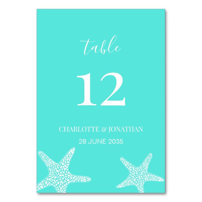 Tarjeta De Mesa Turqoise Modern Tropical Starfish Beach Wedding (Anverso)