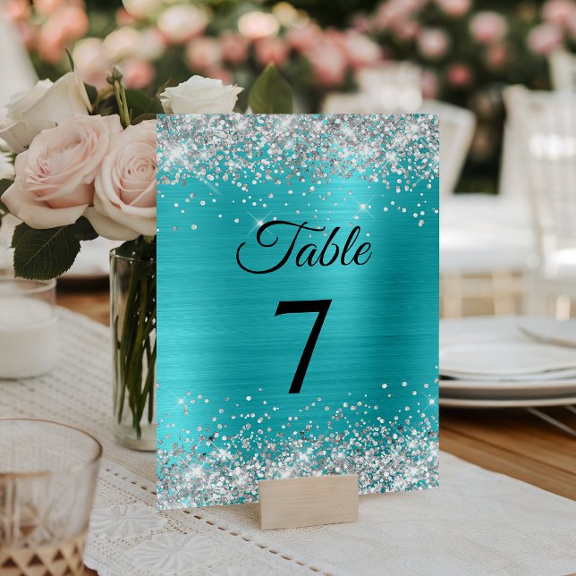 Tarjeta De Mesa Turquesa Azul Brillo Plateado Elegante (Silver Glitter Turquoise Blue Foil Elegant Table Number)