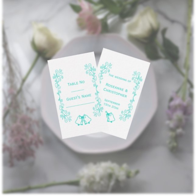 Tarjeta De Mesa Turquoise Bells Scrollwork Design Boda (Turquoise wedding place setting card bells and scrollwork design)