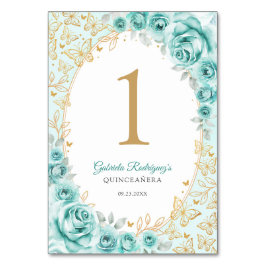 Tarjeta De Mesa Turquoise Gold Floral Quinceanera