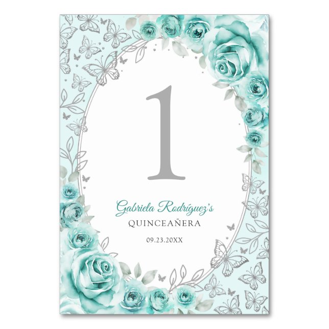 Tarjeta De Mesa Turquoise Silver Floral Quinceanera (Anverso)