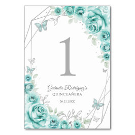 Tarjeta De Mesa Turquoise Silver Floral Quinceanera