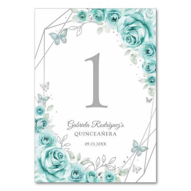 Tarjeta De Mesa Turquoise Silver Floral Quinceanera (Anverso)