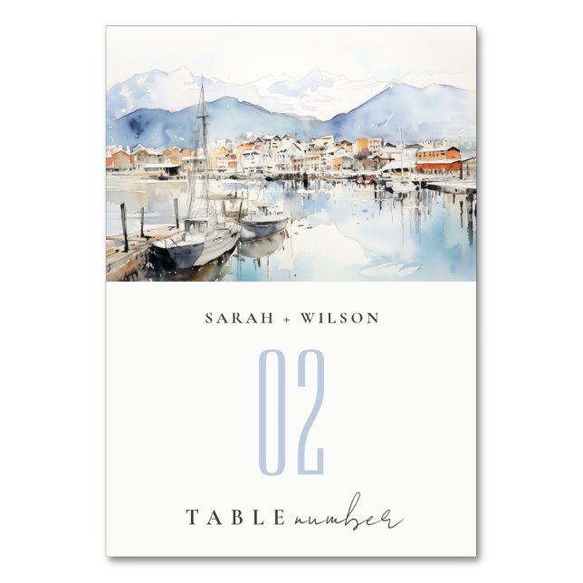 Tarjeta De Mesa Ushuaia, Argentina Watercolor Landscape Wedding (Anverso)
