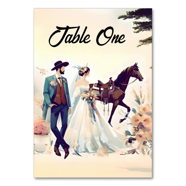 Tarjeta De Mesa Vaquero moderno y Boda de estilo británico occiden (Anverso)